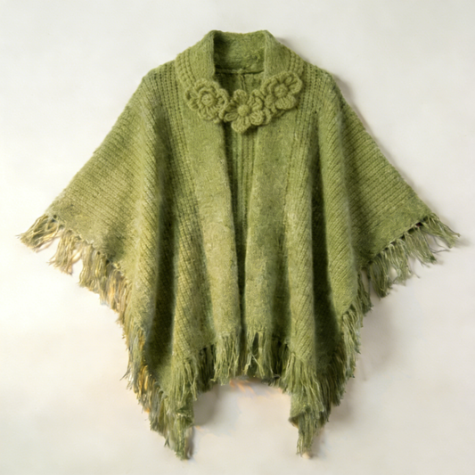 Olive Green Knit Poncho with Crochet Flower Collar