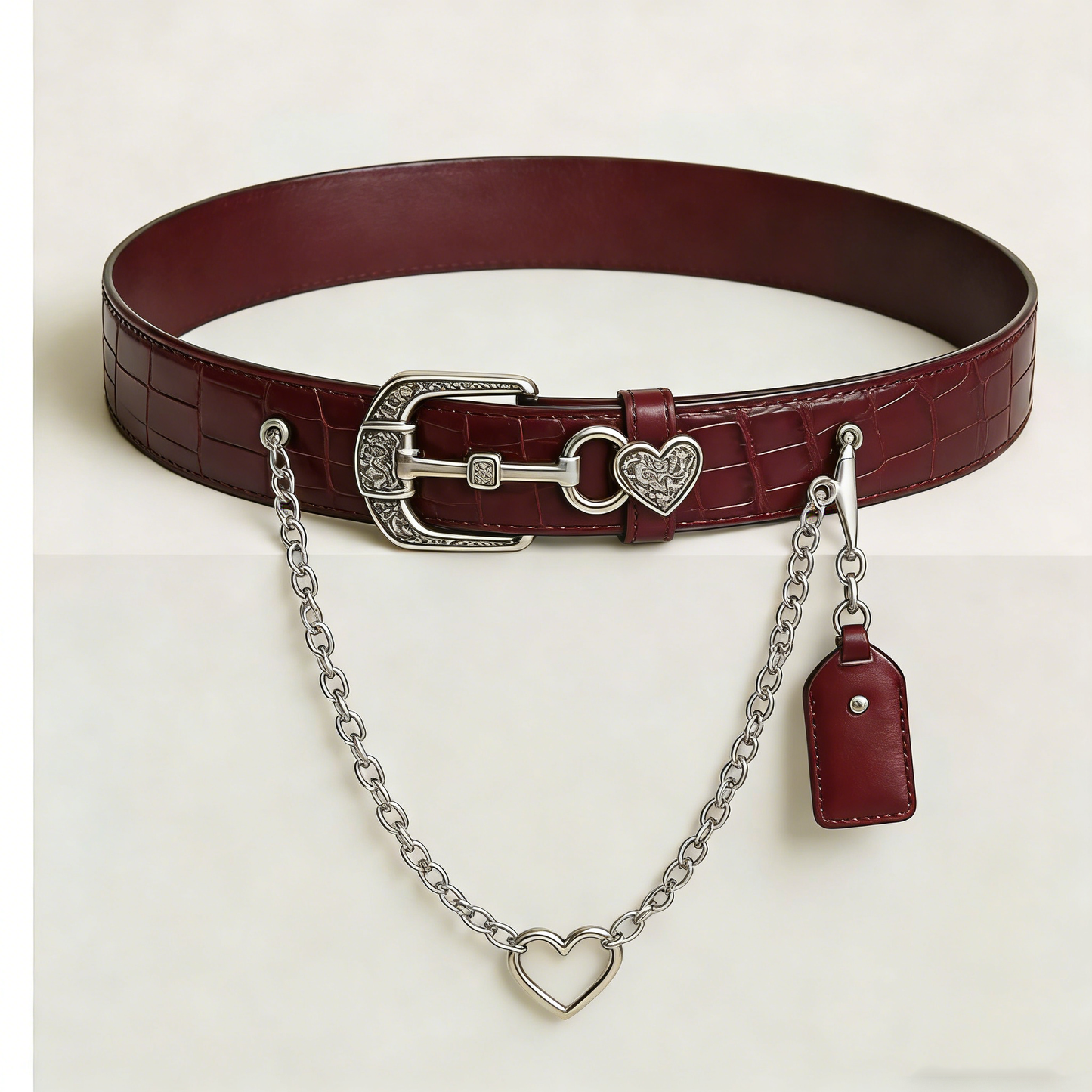 Burgundy Croc-Embossed Leather Belt with Heart Charm & Chain