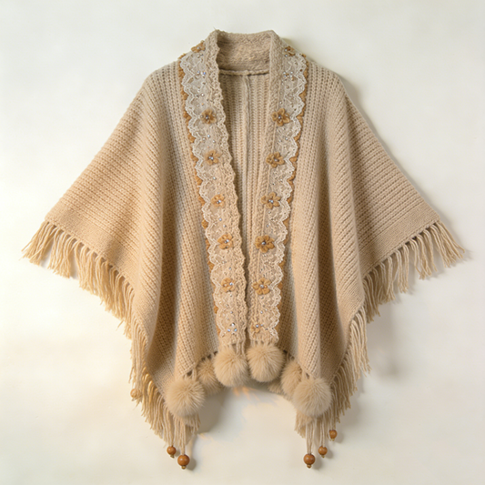 Beige Lace & Fringe Knitted Poncho Scarf