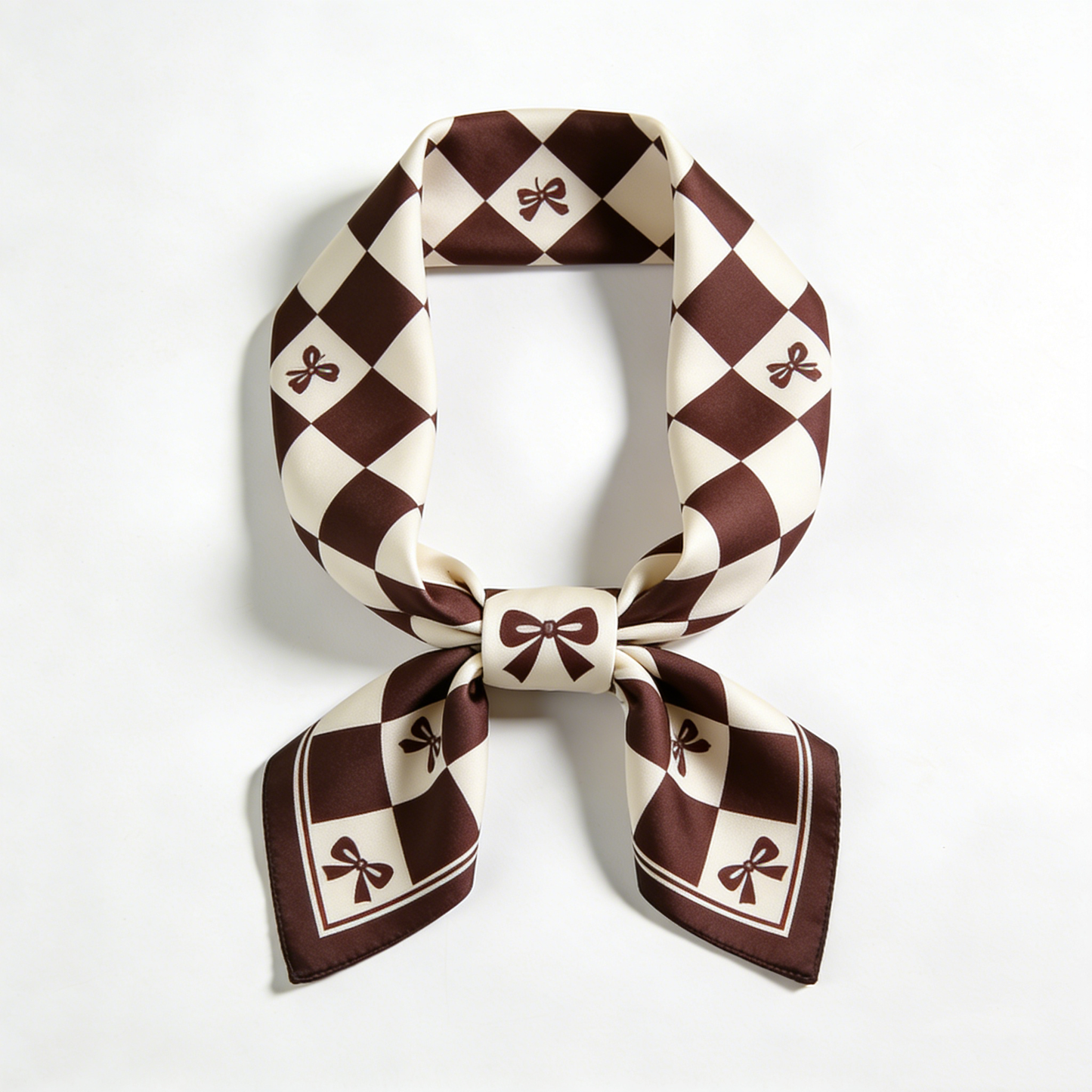 Brown & Cream Checkerboard Bow Scarf