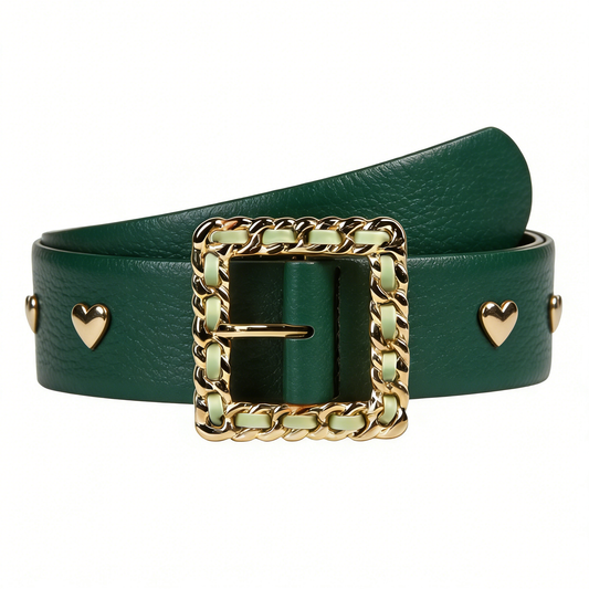 Emerald Green Leather Belt with Gold Heart Studs