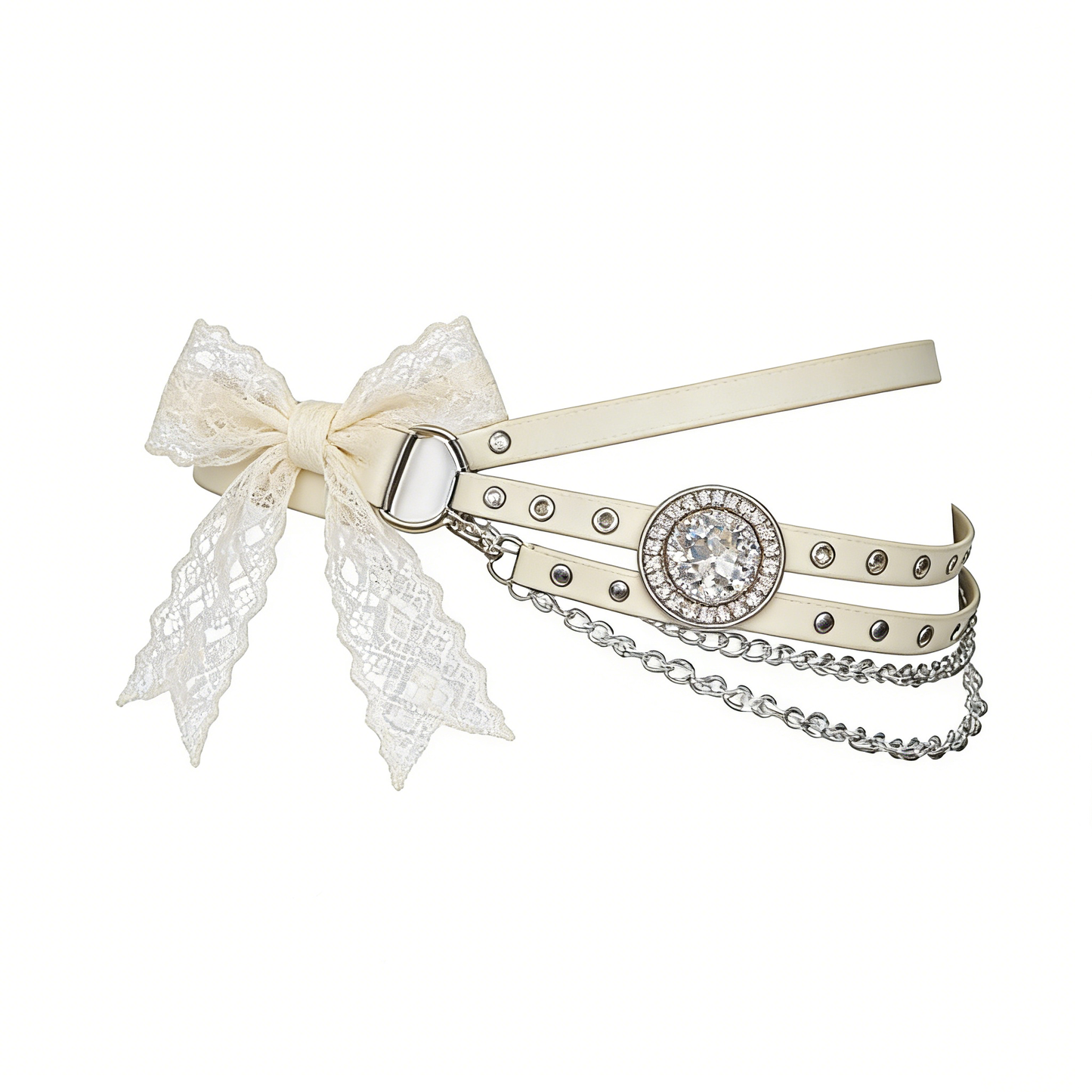 Ivory Double-Layer Belt with Lace Bow & Rhinestone Accent