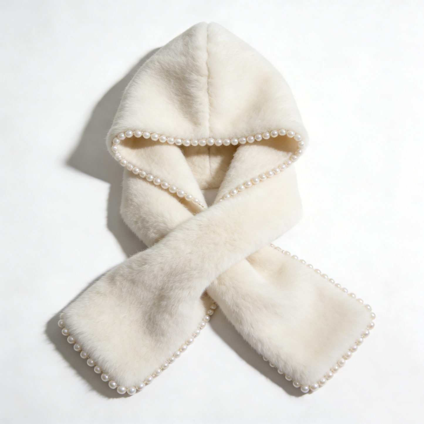 Ivory Faux Fur & Pearl Hooded Scarf