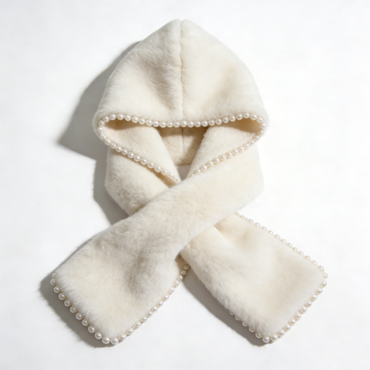 Ivory Faux Fur & Pearl Hooded Scarf