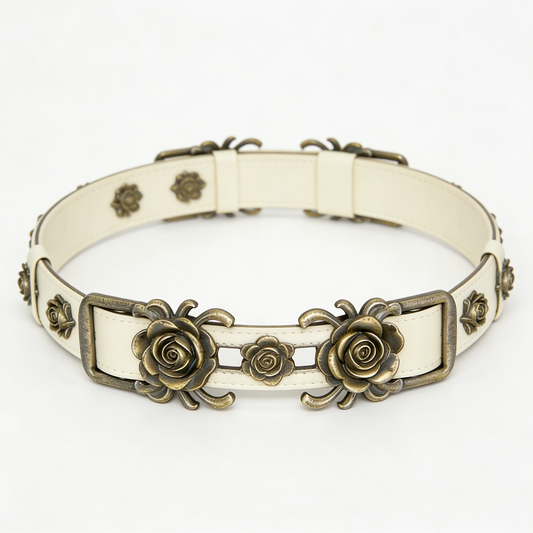 Ivory Leather Belt with Vintage Rose Hardware