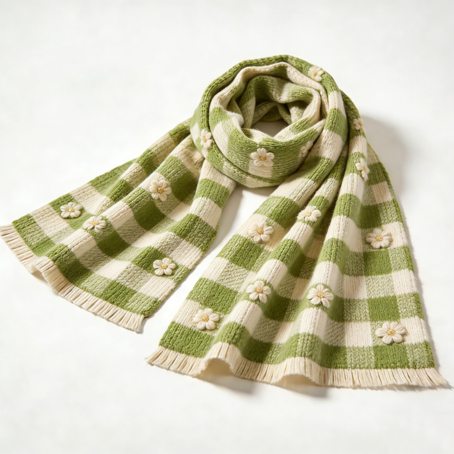 Green & Cream Daisy Knit Scarf