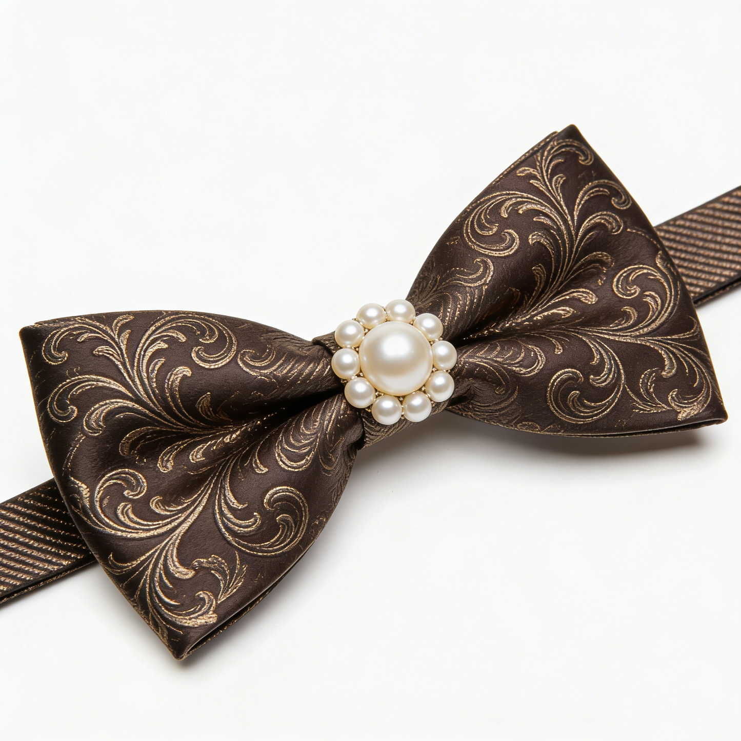 Pearl-Decorated Brown Bow Tie