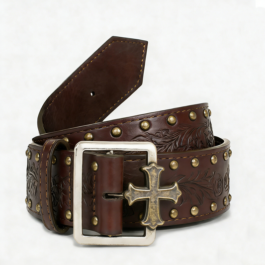 Tooled Leather Cross Buckle Belt