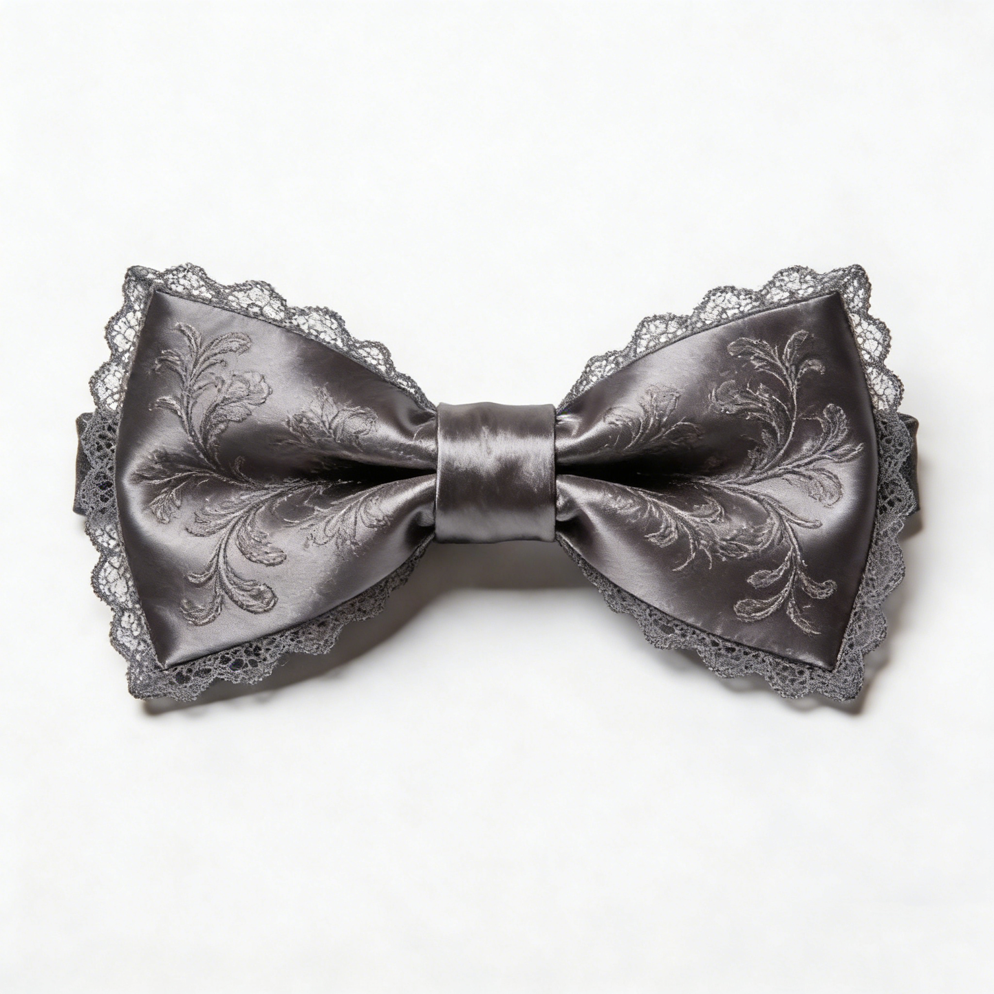 Gray Satin Lace Bow Tie