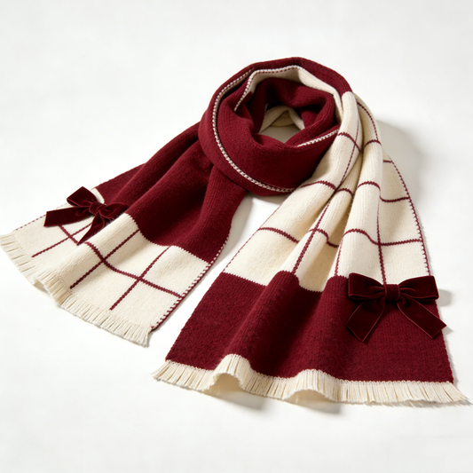Burgundy & Cream Velvet Bow Scarf